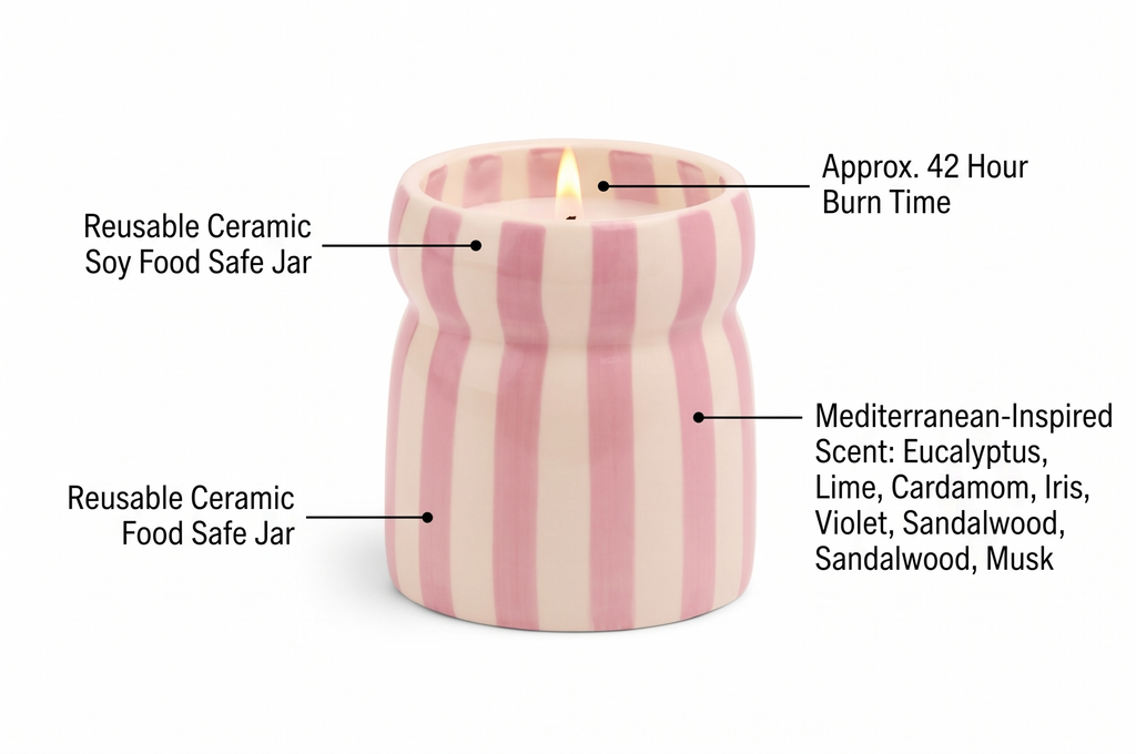 Paddywax Cabana Hand-Painted Scented Candle in Ceramic Reusable Food Safe Jar, Clean-Burn Soy Candle with Approx. 42 Hour Burn Time, Lavendar – Grecian Sand, 6.5 oz