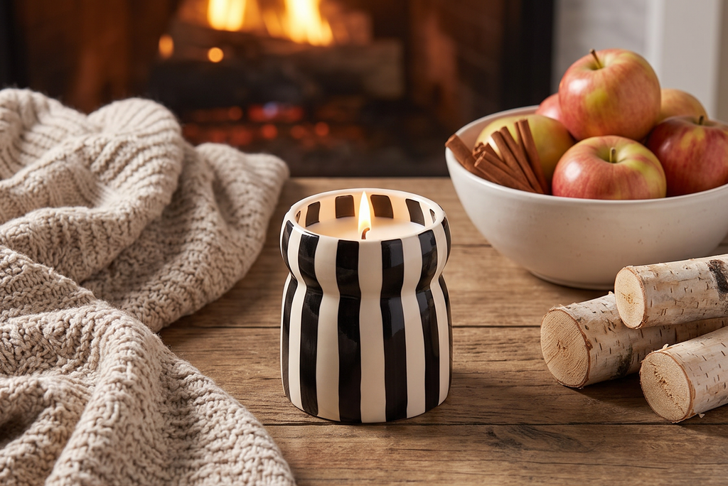 Paddywax Cabana Hand-Painted Scented Candle in Ceramic Reusable Food Safe Jar, Clean-Burn Soy Candle with Approx. 42 Hour Burn Time, Black – Lave Stone, 6.5 oz