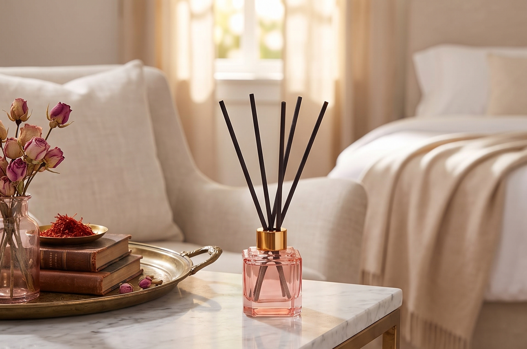 Paddywax Botanica Scented Oil Diffuser with Reeds in Reusable Pink Glass Bottle, Tubed Gift Box, Includes Diffuser Sticks, Long-Lasting Fragrance, Reusable & Upcyclable, Saffron Rose, 2.8 fl oz