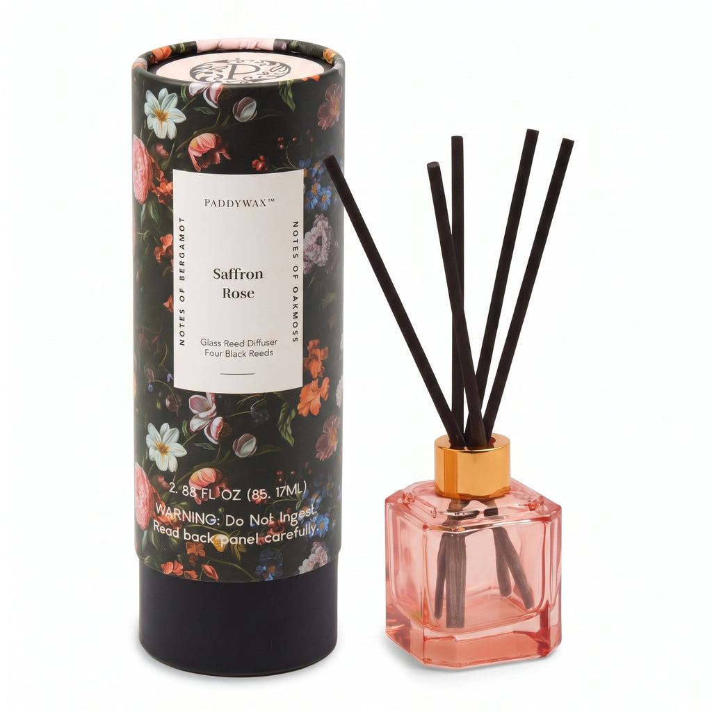 Paddywax Botanica Scented Oil Diffuser with Reeds in Reusable Pink Glass Bottle, Tubed Gift Box, Includes Diffuser Sticks, Long-Lasting Fragrance, Reusable & Upcyclable, Saffron Rose, 2.8 fl oz