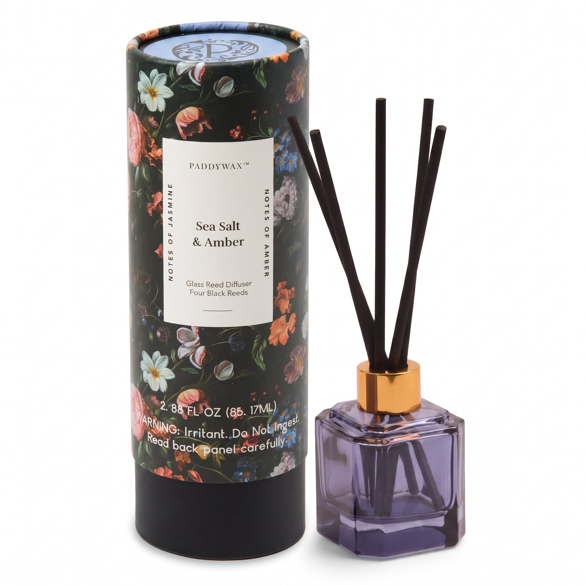Paddywax Botanica Scented Oil Diffuser with Reeds in Reusable Blue Glass Bottle, Tubed Gift Box, Includes Diffuser Sticks, Long-Lasting Fragrance, Reusable & Upcyclable, Sea Salt & Amber, 2.8 fl oz
