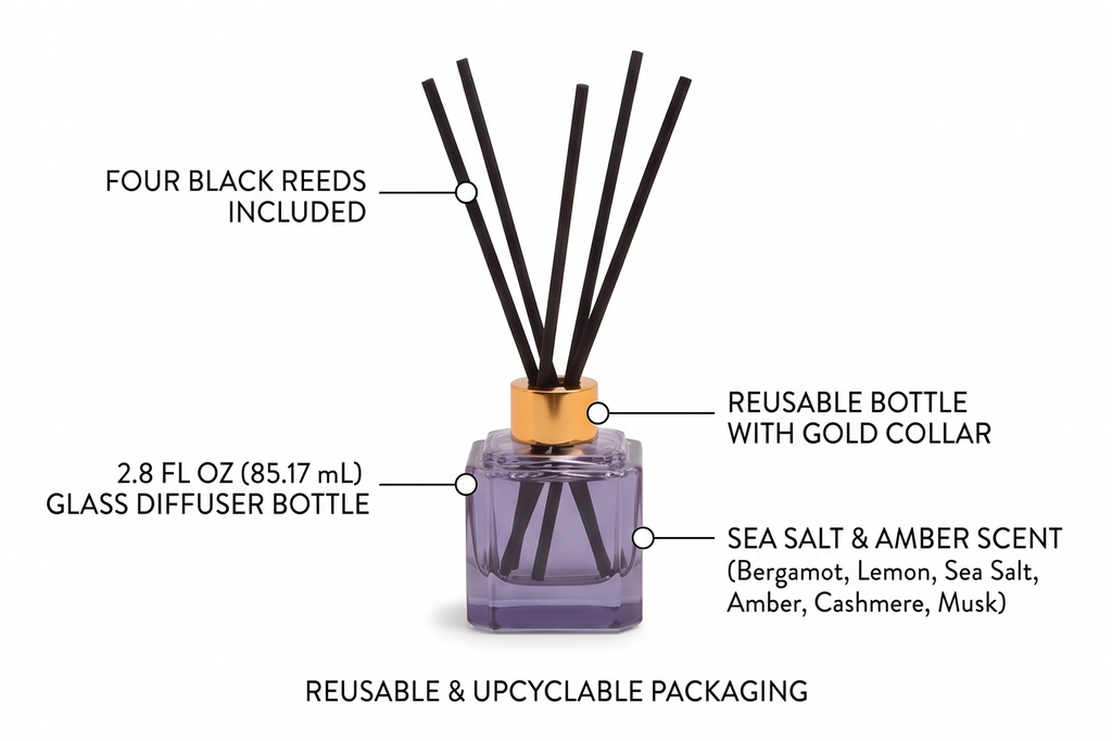 Paddywax Botanica Scented Oil Diffuser with Reeds in Reusable Blue Glass Bottle, Tubed Gift Box, Includes Diffuser Sticks, Long-Lasting Fragrance, Reusable & Upcyclable, Sea Salt & Amber, 2.8 fl oz