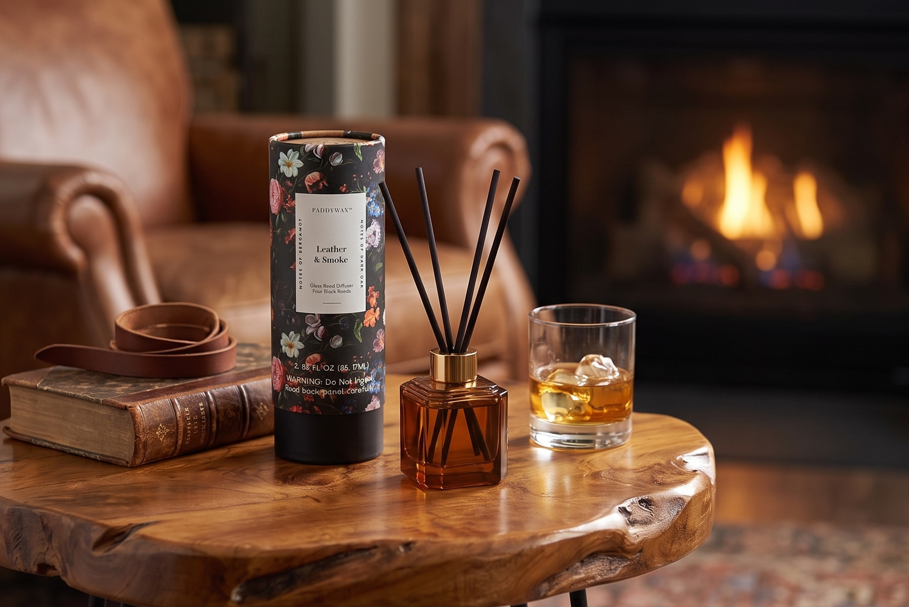 Paddywax Botanica Scented Oil Diffuser with Reeds in Reusable Amber Glass Bottle, Tubed Gift Box, Includes Diffuser Sticks, Long-Lasting Fragrance, Reusable & Upcyclable, Leather & Smoke, 2.8 fl oz