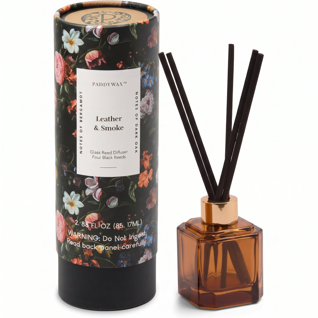 Paddywax Botanica Scented Oil Diffuser with Reeds in Reusable Amber Glass Bottle, Tubed Gift Box, Includes Diffuser Sticks, Long-Lasting Fragrance, Reusable & Upcyclable, Leather & Smoke, 2.8 fl oz