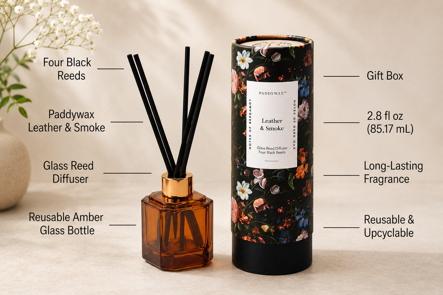 Paddywax Botanica Scented Oil Diffuser with Reeds in Reusable Amber Glass Bottle, Tubed Gift Box, Includes Diffuser Sticks, Long-Lasting Fragrance, Reusable & Upcyclable, Leather & Smoke, 2.8 fl oz