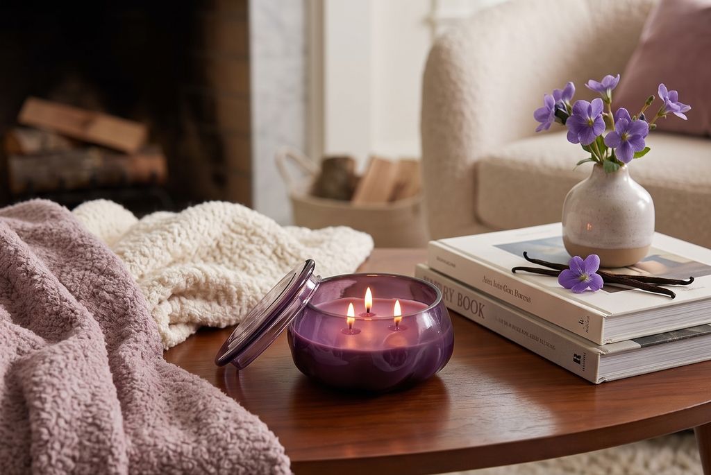 Paddywax Basalt Collection Scented Candle, Soy Wax Blend Glass Jar with Lid, Reusable Home Décor Candle, 10 oz, Violet Vessel, Violet and Vanilla