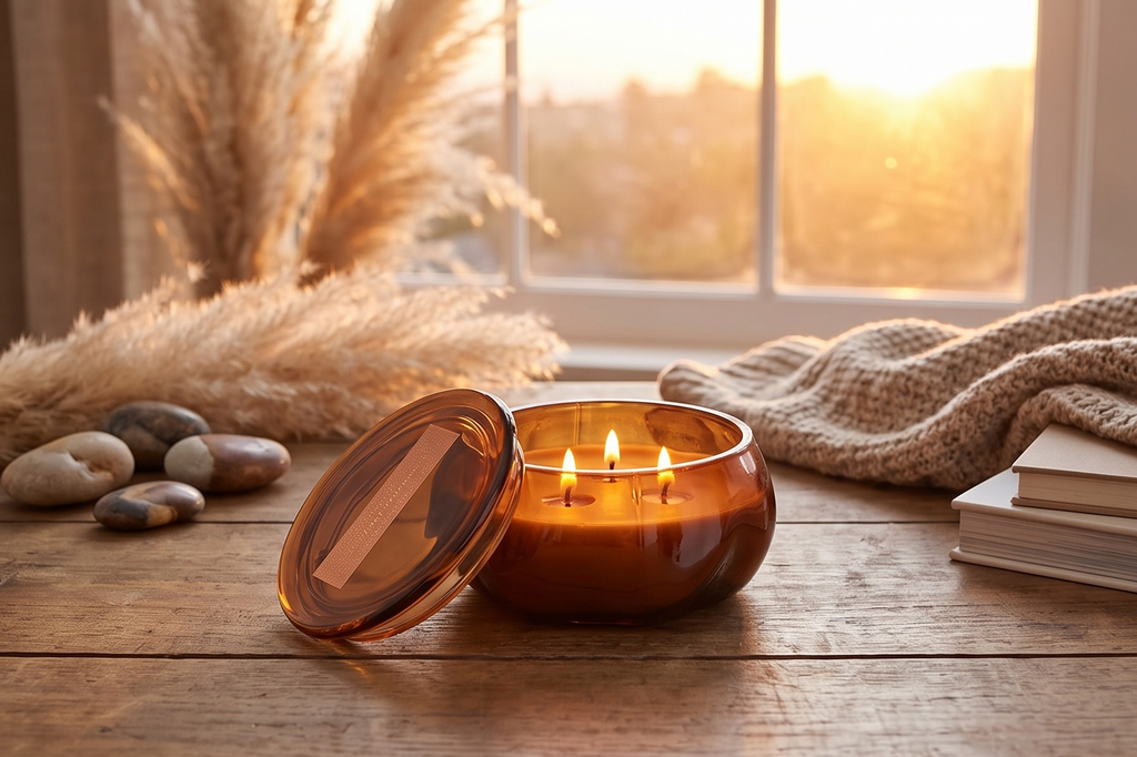 Paddywax Basalt Collection Scented Candle, Soy Wax Blend Glass Jar with Lid, Reusable Home Décor Candle, 10 oz, Amber Vessel, Sienna Sunset