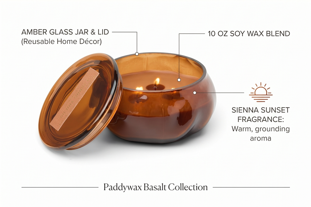 Paddywax Basalt Collection Scented Candle, Soy Wax Blend Glass Jar with Lid, Reusable Home Décor Candle, 10 oz, Amber Vessel, Sienna Sunset