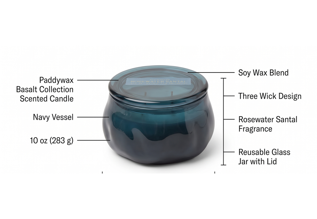 Paddywax Basalt Collection Scented Candle, Soy Wax Blend Glass Jar with Lid, Reusable Home Décor Candle, 10 oz, Navy Vessel, Rosewater Santal