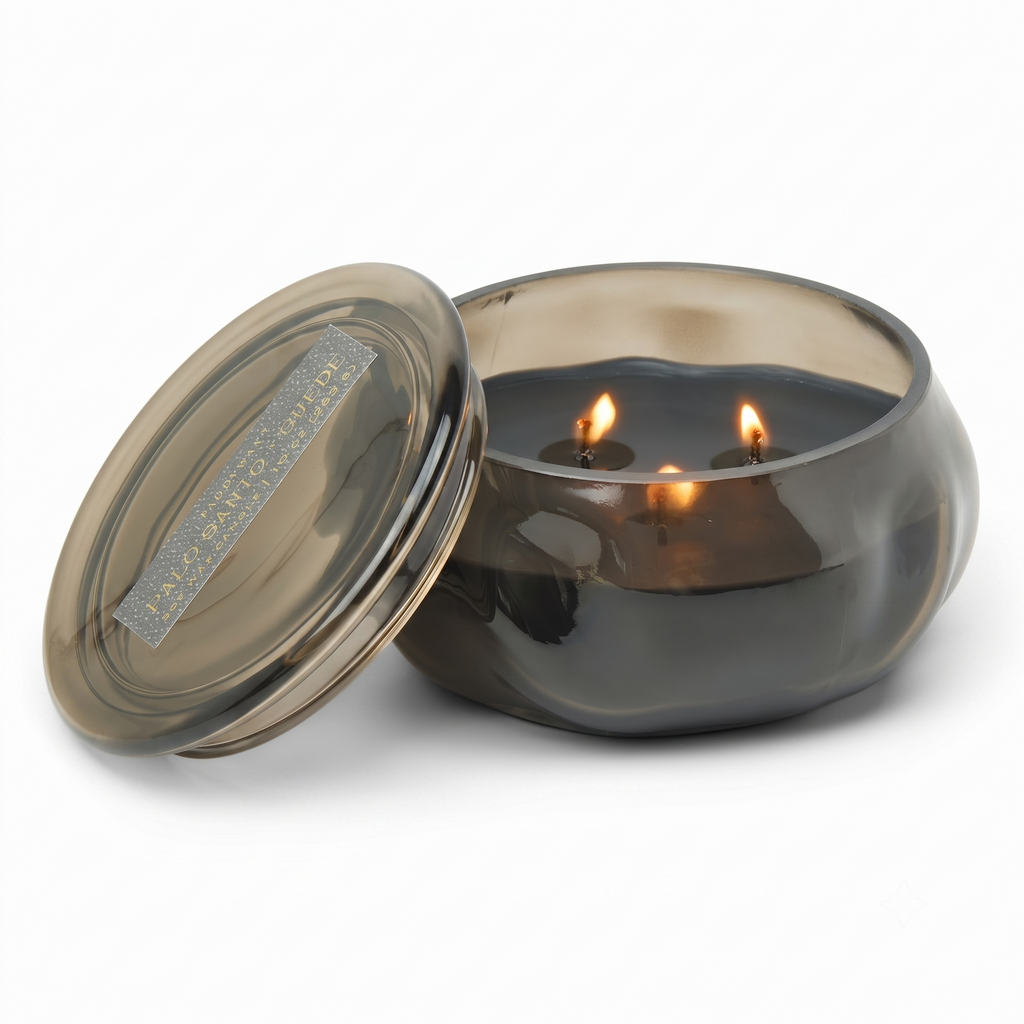 Paddywax Basalt Collection Scented Candle, Soy Wax Blend Glass Jar with Lid, Reusable Home Décor Candle, 10 oz, Black Vessel, Palo Santo Suede