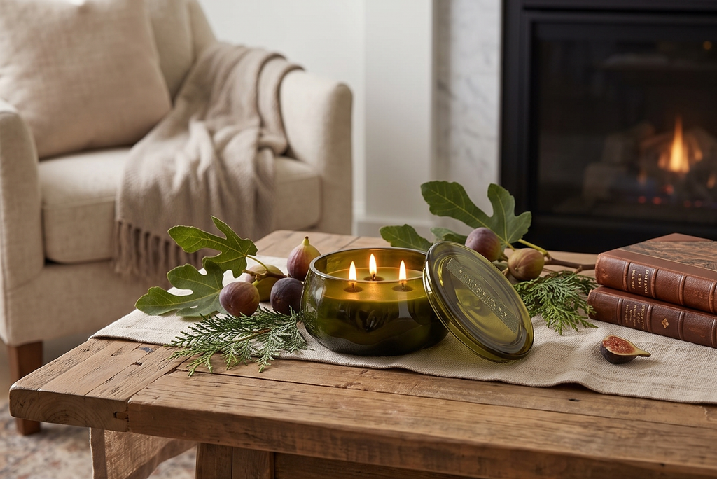 Paddywax Basalt Collection Scented Candle, Soy Wax Blend Glass Jar with Lid, Reusable Home Décor Candle, 10 oz, Green Vessel, Wild Fig and Cedar