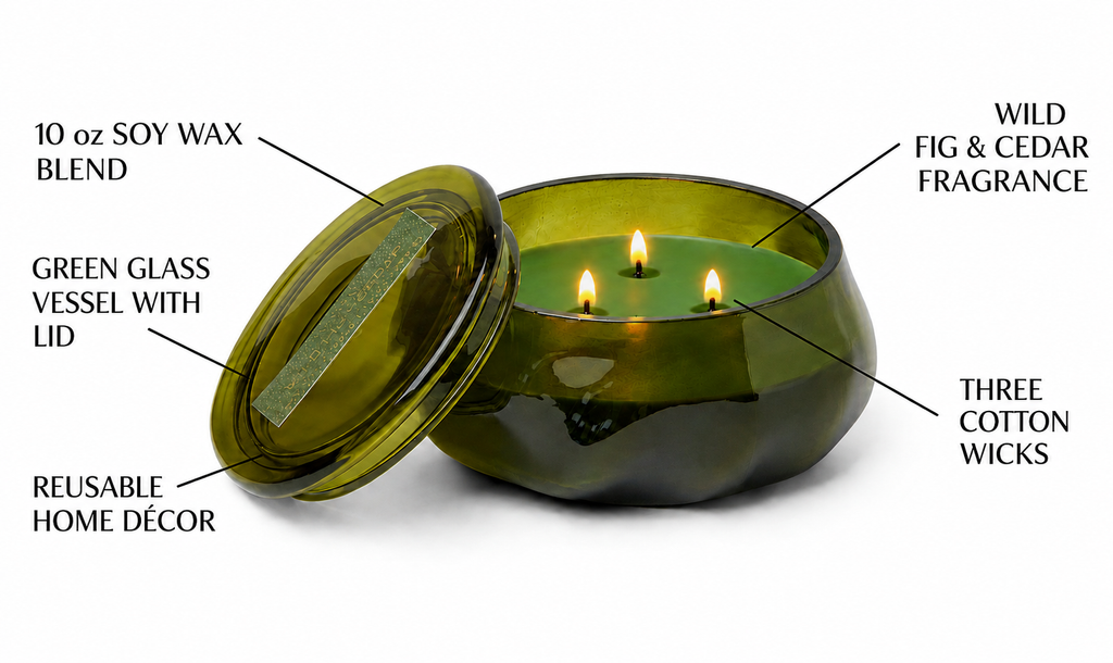 Paddywax Basalt Collection Scented Candle, Soy Wax Blend Glass Jar with Lid, Reusable Home Décor Candle, 10 oz, Green Vessel, Wild Fig and Cedar