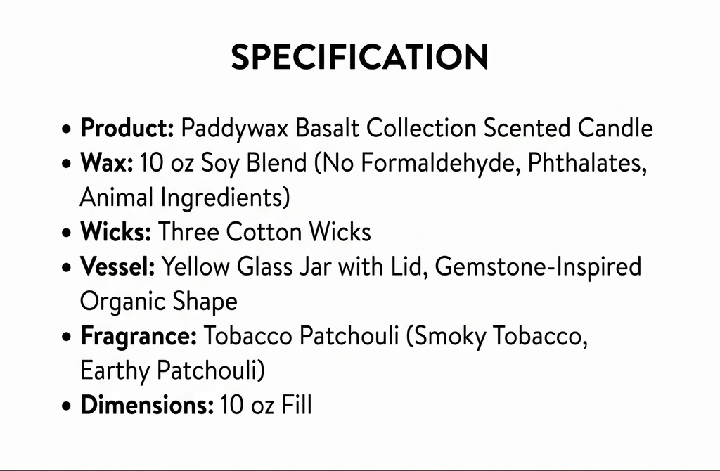 Paddywax Basalt Collection Scented Candle, Soy Wax Blend Glass Jar with Lid, Reusable Home Décor Candle, 10 oz, Yellow Vessel, Tobacco Patchouli