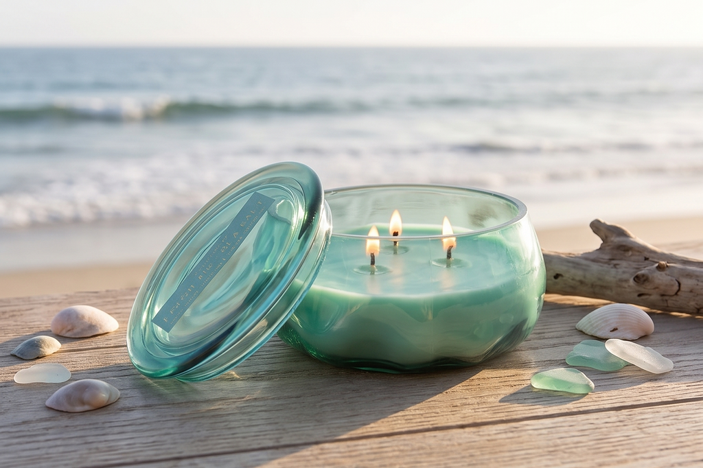 Paddywax Basalt Collection Scented Candle, Soy Wax Blend Glass Jar with Lid, Reusable Home Décor Candle, 10 oz, Turquoise Vessel, Fresh Air and Sea Salt