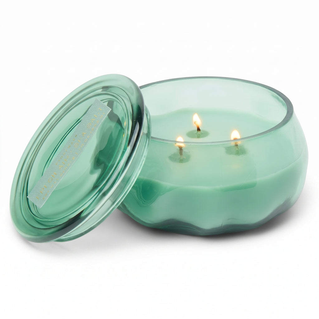Paddywax Basalt Collection Scented Candle, Soy Wax Blend Glass Jar with Lid, Reusable Home Décor Candle, 10 oz, Turquoise Vessel, Fresh Air and Sea Salt