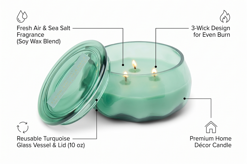 Paddywax Basalt Collection Scented Candle, Soy Wax Blend Glass Jar with Lid, Reusable Home Décor Candle, 10 oz, Turquoise Vessel, Fresh Air and Sea Salt
