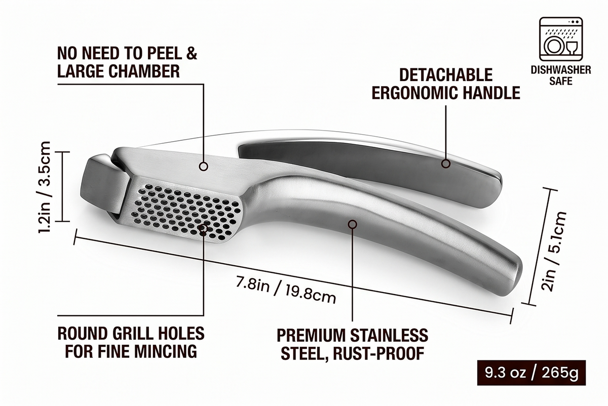 Lifetime Replacement Garlic Press Stainless Steel No Need to Peel, Detachable Handle for Fine Mincing-Premium Garlic Mincer Tool, Rust-Proof, Easy to Clean, Dishwasher Safe Garlic Crusher