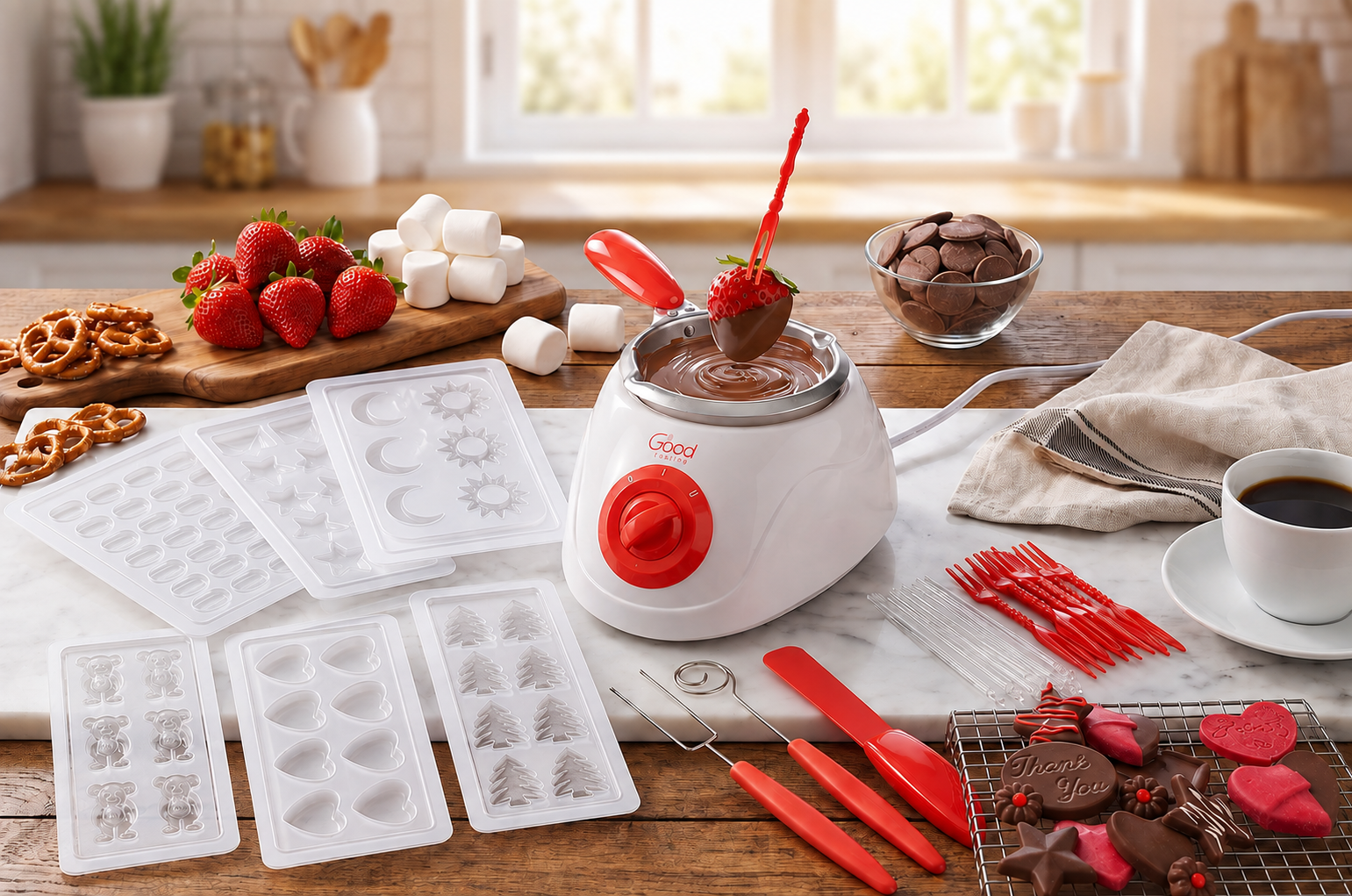 Electric Chocolate Melting Pot Set - Father's Day Brunch Fondue & Candy Kit w/ 30 Bonus Accessories - Dip, Drizzle, Decorate Strawberries & Marshmallows - Party Appetizers & Desserts