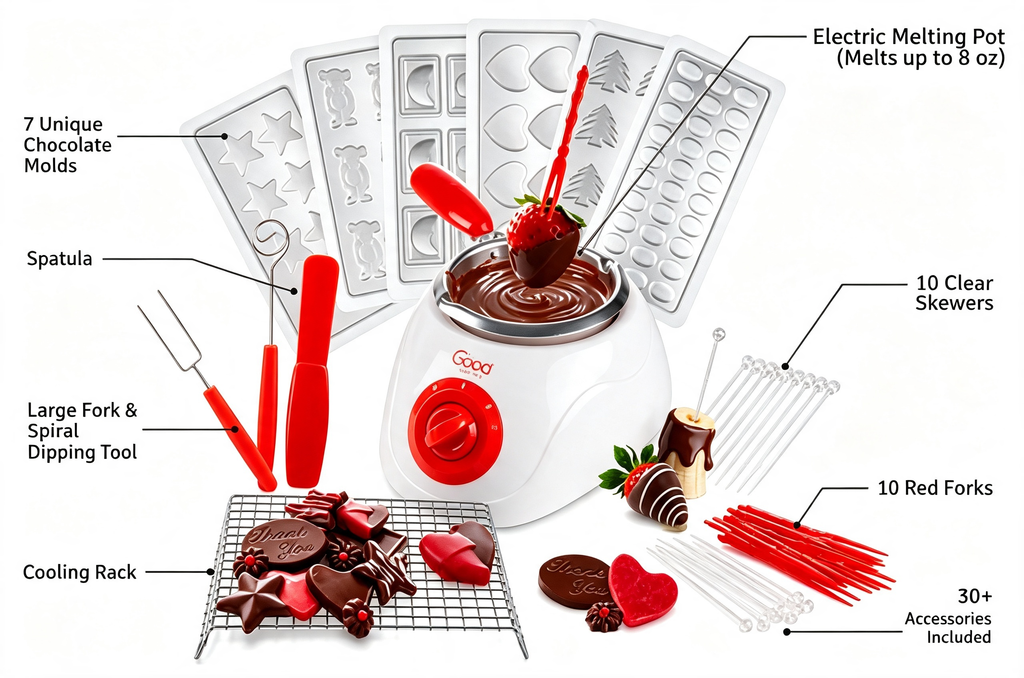 Electric Chocolate Melting Pot Set - Father's Day Brunch Fondue & Candy Kit w/ 30 Bonus Accessories - Dip, Drizzle, Decorate Strawberries & Marshmallows - Party Appetizers & Desserts