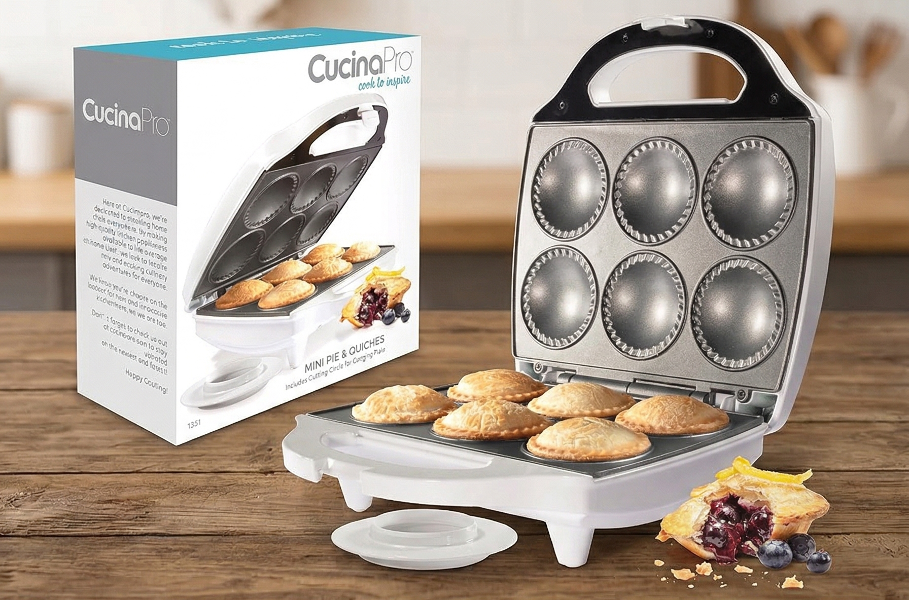 Mini Pie & Quiche Maker- Electric Baker Cooks 6 Small Quiches or Pies in Minutes- Dough Cutting Circle Easy Measurement- Better than Tins, Pans- Baking Dessert, Gift for Her, Easter Brunch Must Have