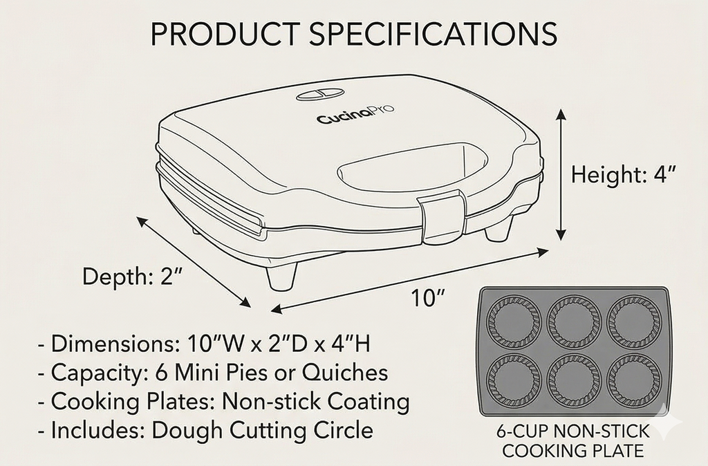 Mini Pie & Quiche Maker- Electric Baker Cooks 6 Small Quiches or Pies in Minutes- Dough Cutting Circle Easy Measurement- Better than Tins, Pans- Baking Dessert, Gift for Her, Easter Brunch Must Have