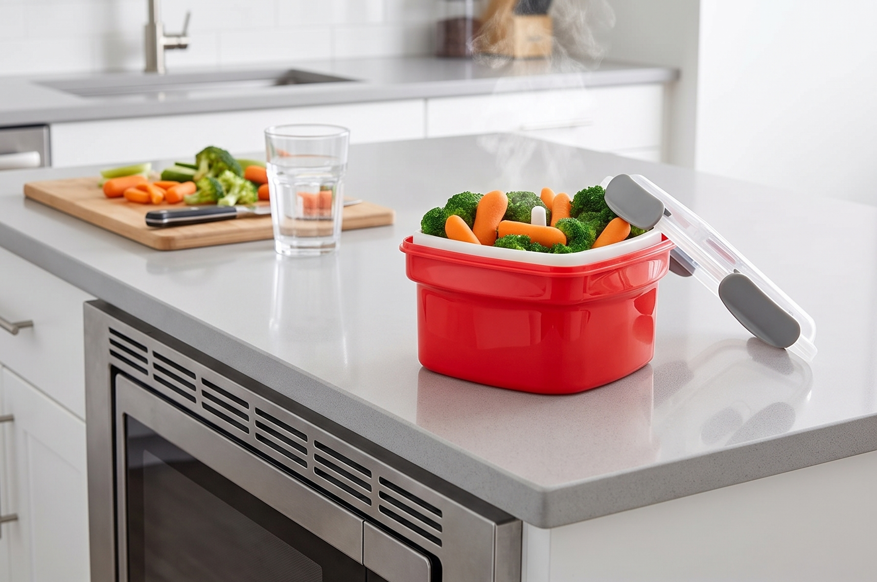 Microwave Food Steamer for Vegetables - 3 PC Microwavable Cooker with Storage- Cooking Made Easy- Removable Strainer Basket & Locking Steam Vent Lid - BPA Free, Fridge & Freezer Safe | 1.3 Liters
