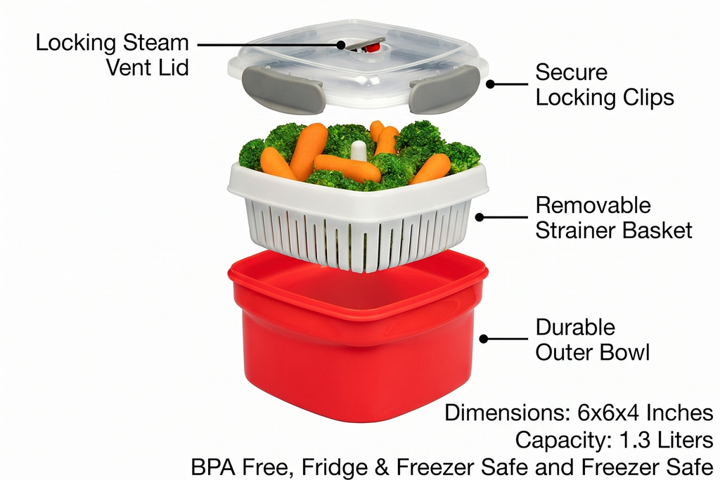 Microwave Food Steamer for Vegetables - 3 PC Microwavable Cooker with Storage- Cooking Made Easy- Removable Strainer Basket & Locking Steam Vent Lid - BPA Free, Fridge & Freezer Safe | 1.3 Liters