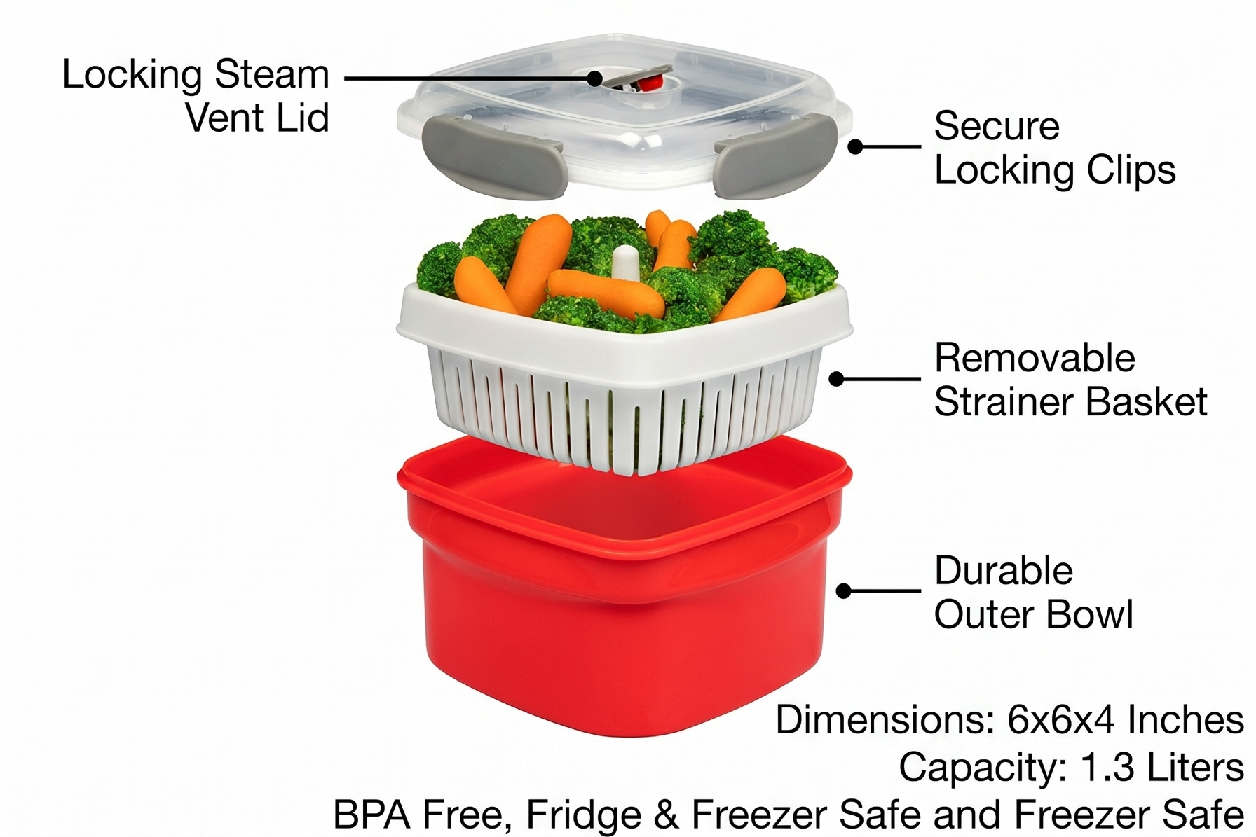 Microwave Food Steamer for Vegetables - 3 PC Microwavable Cooker with Storage- Cooking Made Easy- Removable Strainer Basket & Locking Steam Vent Lid - BPA Free, Fridge & Freezer Safe | 1.3 Liters
