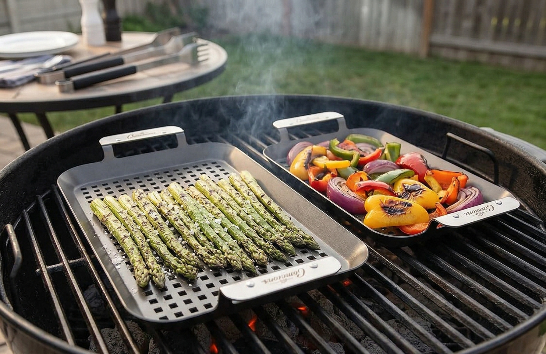 Camerons BBQ Grill Topper Grilling Pans (Set of 2)- Non-Stick Barbecue Trays w Stainless Steel Handles - Indoor Outdoor use for Barbecue & Smoked Meat, Vegetables & Seafood - Grill Essentials Gift Set