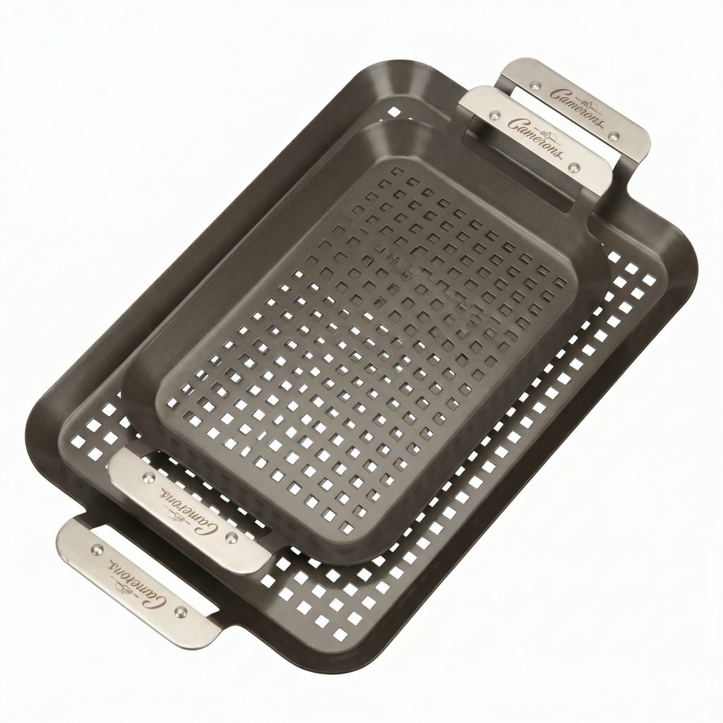 Camerons BBQ Grill Topper Grilling Pans (Set of 2)- Non-Stick Barbecue Trays w Stainless Steel Handles - Indoor Outdoor use for Barbecue & Smoked Meat, Vegetables & Seafood - Grill Essentials Gift Set