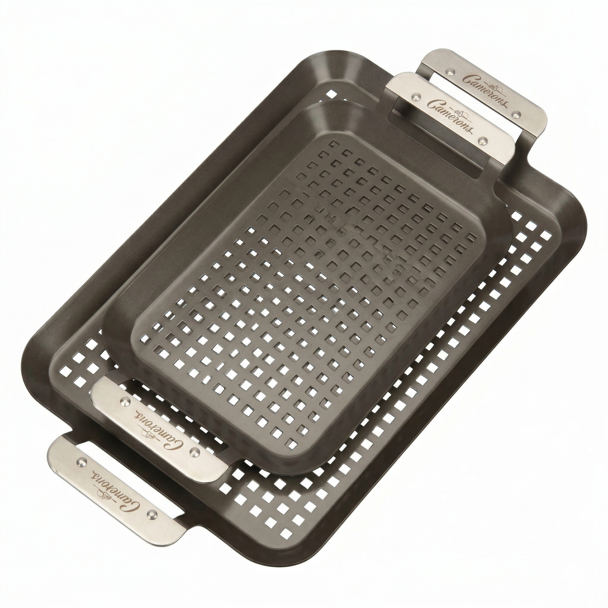 Camerons BBQ Grill Topper Grilling Pans (Set of 2)- Non-Stick Barbecue Trays w Stainless Steel Handles - Indoor Outdoor use for Barbecue & Smoked Meat, Vegetables & Seafood - Grill Essentials Gift Set