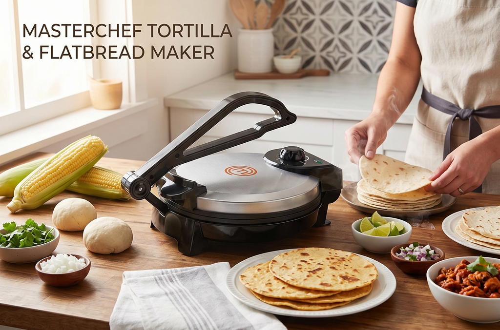 MasterChef Electric Tortilla Maker- Homemade Flatbread, Pitas, Bread, Tortillas- Heavy Duty, Non-stick Cooker is Easier than Tortilla Press, Adjustable Temperature Control and Uniform Baking, Gift