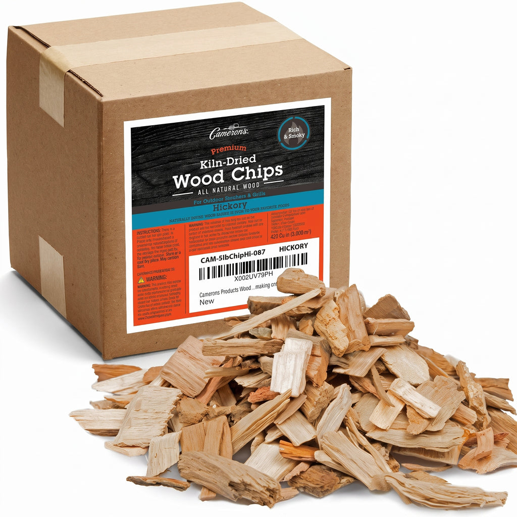 Camerons All Natural Hickory Wood Chips for Smoker -420 Cu. In. Box, Approx 5 Pounds- Kiln Dried Coarse Cut BBQ Grill Wood Chips for Smoking Meat - Barbecue Smoker Accessories - Grilling Gifts for Men