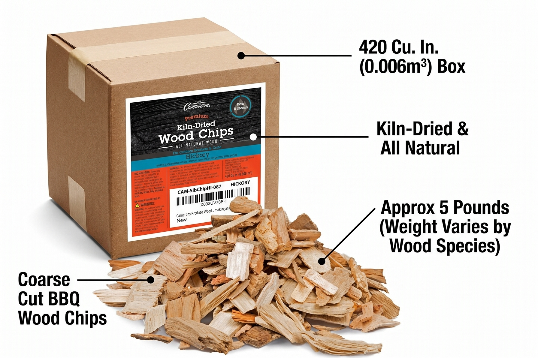 Camerons All Natural Hickory Wood Chips for Smoker -420 Cu. In. Box, Approx 5 Pounds- Kiln Dried Coarse Cut BBQ Grill Wood Chips for Smoking Meat - Barbecue Smoker Accessories - Grilling Gifts for Men