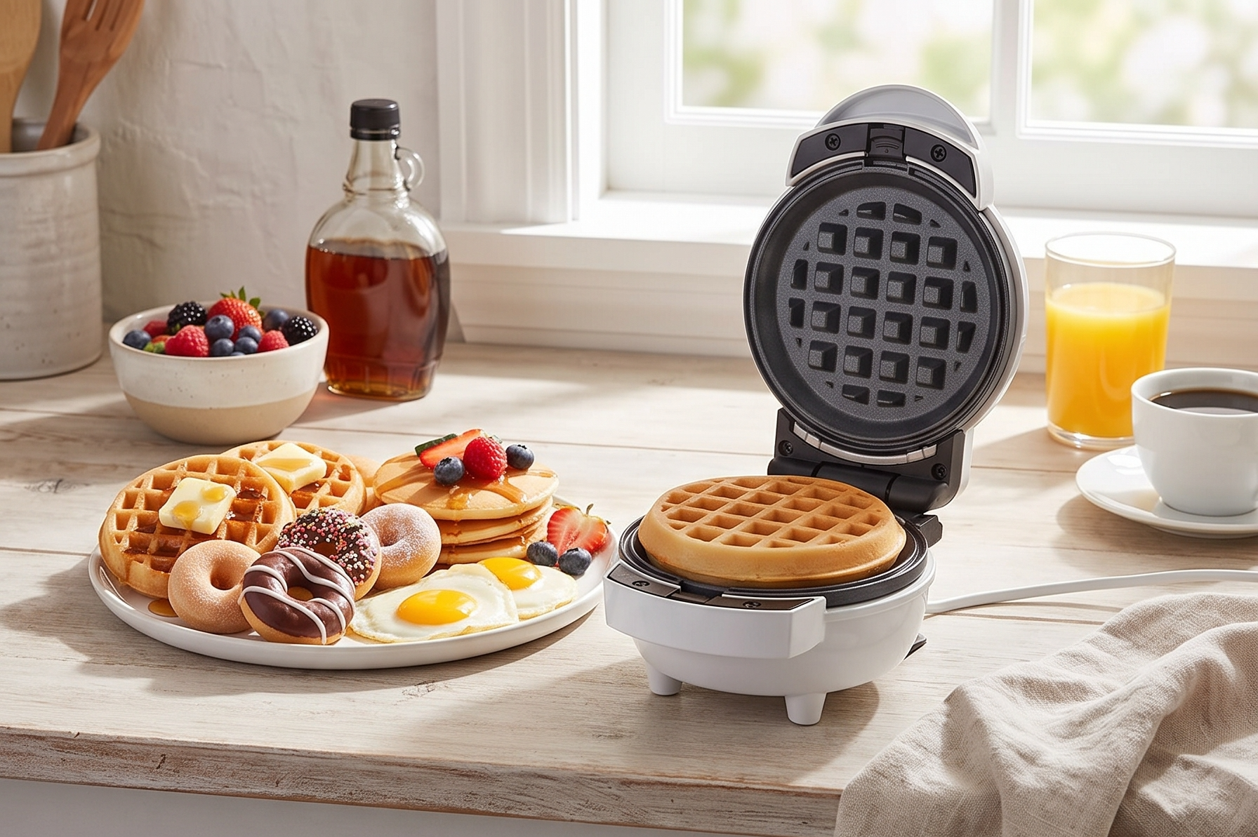 MasterChef 3-in-1 Mini Breakfast Maker- Make Eggs, Pancakes, Donuts, Waffles & More in 1 Easy to Use Appliance! 3 Removable Non-Stick Cooking Plates for Quick Cleaning & Storing- Compact Baker Cooker