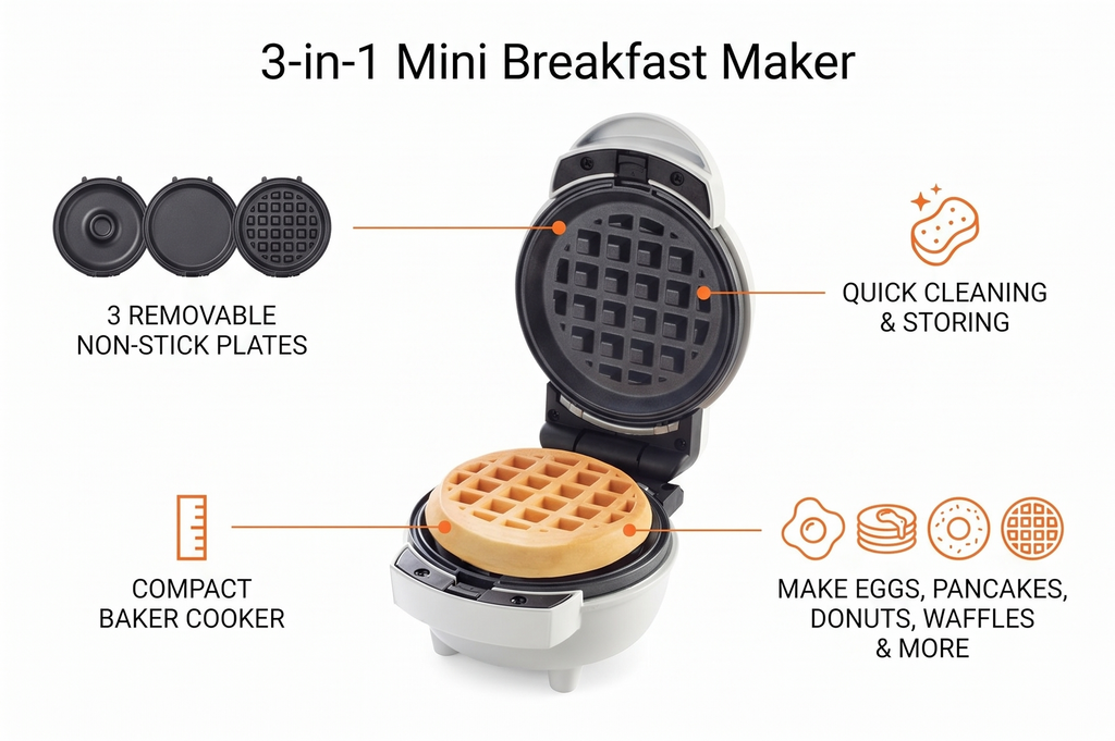 MasterChef 3-in-1 Mini Breakfast Maker- Make Eggs, Pancakes, Donuts, Waffles & More in 1 Easy to Use Appliance! 3 Removable Non-Stick Cooking Plates for Quick Cleaning & Storing- Compact Baker Cooker