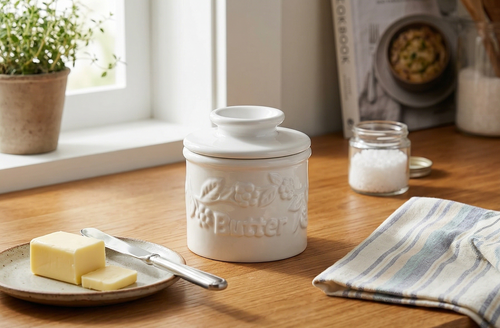 Butter Bell - The Original Butter Bell crock by L Tremain, a Countertop French Ceramic Butter Dish Keeper for Spreadable Butter, La Fleur Collection (White Raised Floral)