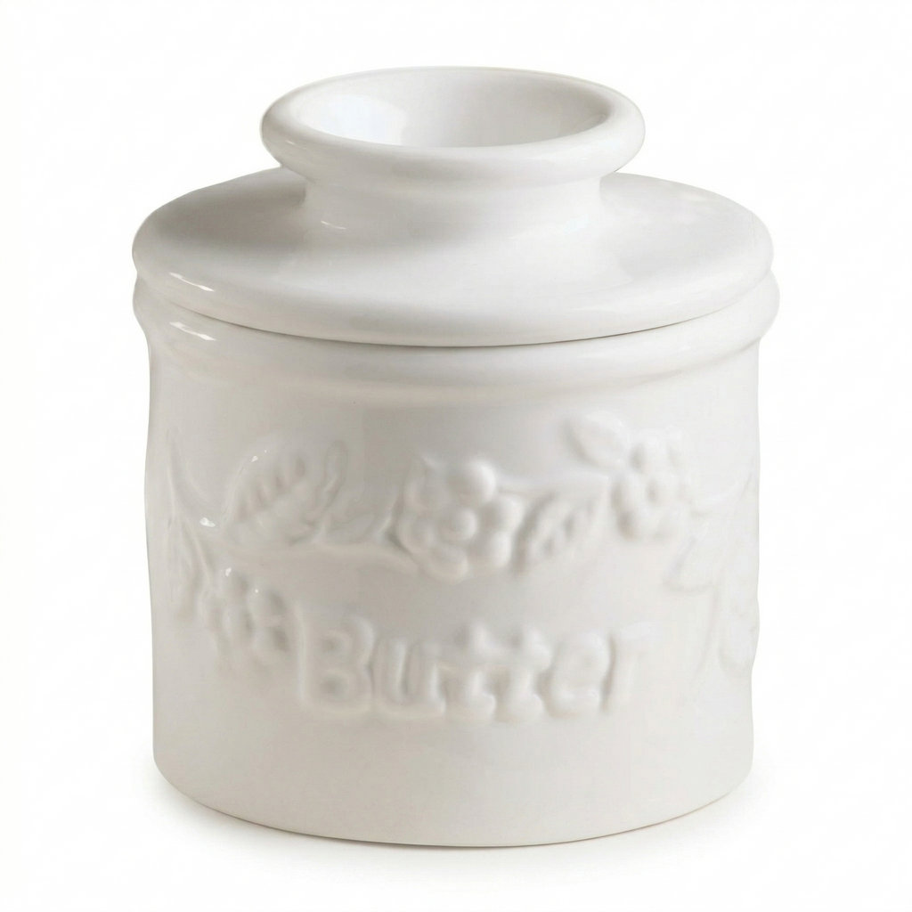 Butter Bell - The Original Butter Bell crock by L Tremain, a Countertop French Ceramic Butter Dish Keeper for Spreadable Butter, La Fleur Collection (White Raised Floral)