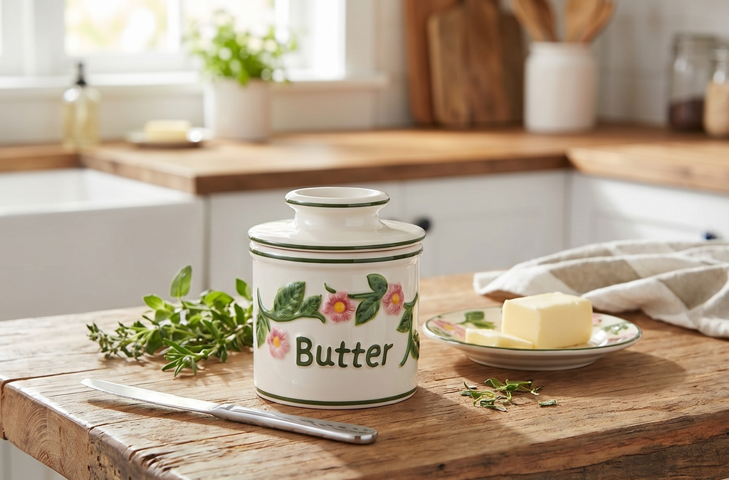 Butter Bell - The Original Butter Bell crock by L Tremain, a Countertop French Ceramic Butter Dish Keeper for Spreadable Butter, La Fleur Collection (Hand Painted Raised Floral)