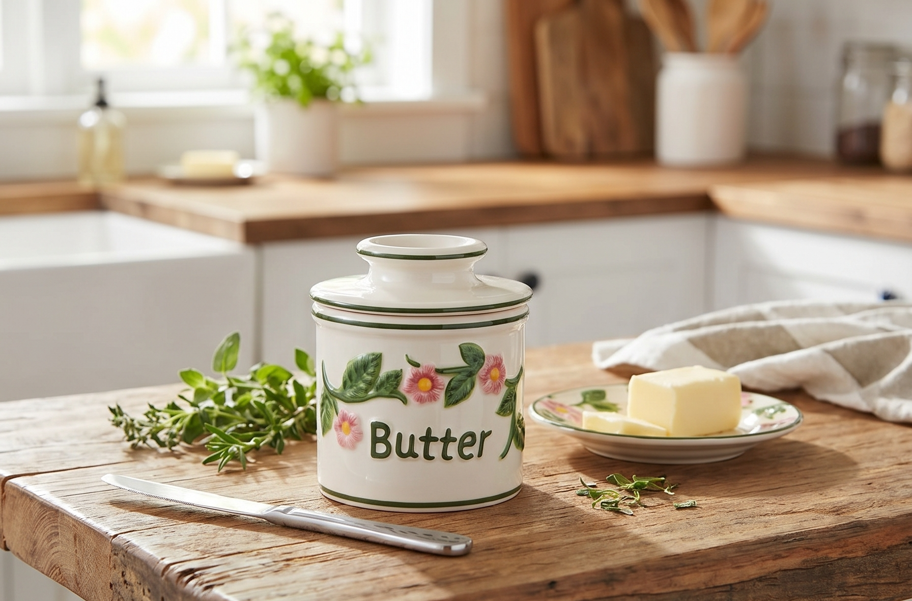 Butter Bell - The Original Butter Bell crock by L Tremain, a Countertop French Ceramic Butter Dish Keeper for Spreadable Butter, La Fleur Collection (Hand Painted Raised Floral)