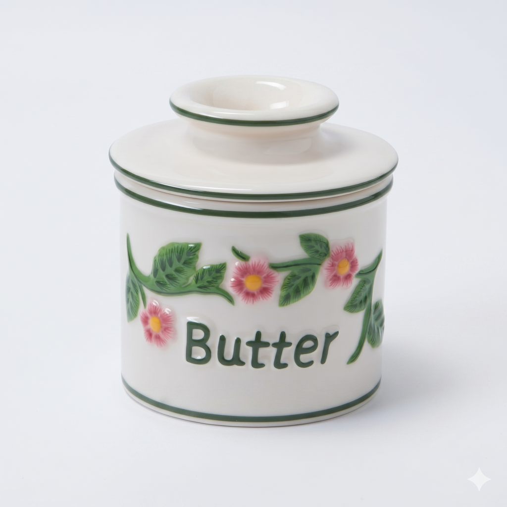 Butter Bell - The Original Butter Bell crock by L Tremain, a Countertop French Ceramic Butter Dish Keeper for Spreadable Butter, La Fleur Collection (Hand Painted Raised Floral)
