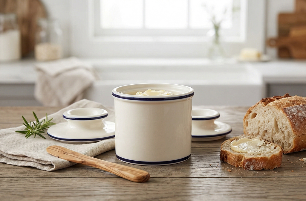 Butter Bell - The Original Butter Bell crock by L Tremain, a Countertop French Ceramic Butter Dish Keeper for Spreadable Butter, Le Bistro, White with Blue Trim