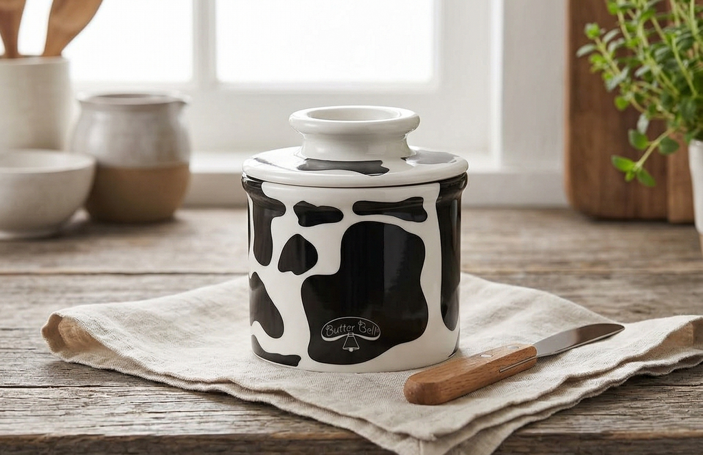 Butter Bell - The Original Butter Bell crock by L Tremain, a Countertop French Ceramic Butter Dish Keeper for Spreadable Butter, Cow Pattern, Black & White