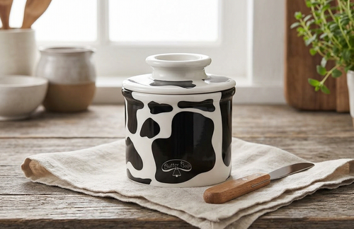 Butter Bell - The Original Butter Bell crock by L Tremain, a Countertop French Ceramic Butter Dish Keeper for Spreadable Butter, Cow Pattern, Black & White