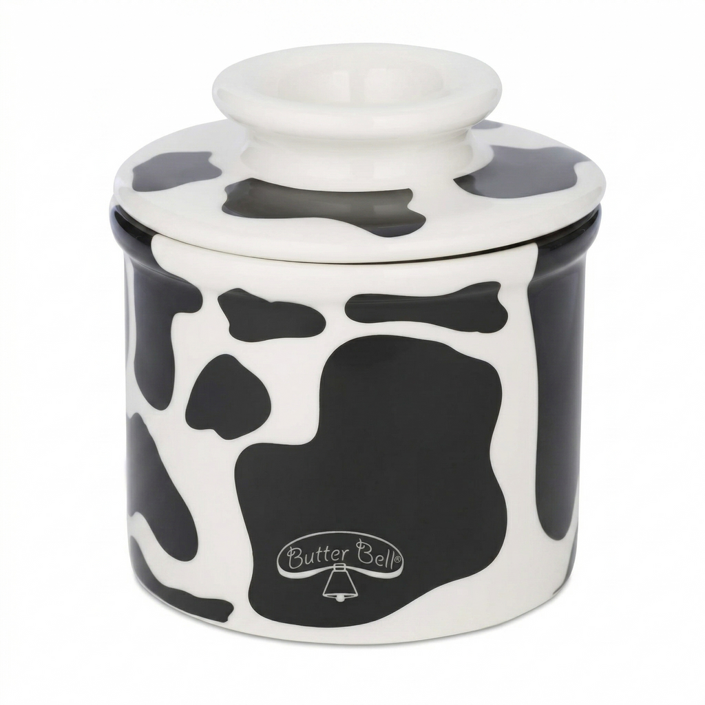 Butter Bell - The Original Butter Bell crock by L Tremain, a Countertop French Ceramic Butter Dish Keeper for Spreadable Butter, Cow Pattern, Black & White