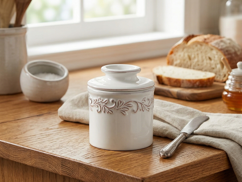 Butter Bell - The Original Butter Bell crock by L Tremain, a Countertop French Ceramic Butter Dish Keeper for Spreadable Butter, Antique Collection, White Linen