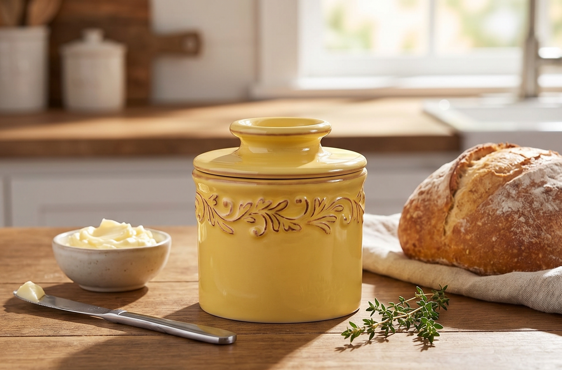 Butter Bell - The Original Butter Bell crock by L Tremain, a Countertop French Ceramic Butter Dish Keeper for Spreadable Butter, Antique Collection, Goldenrod