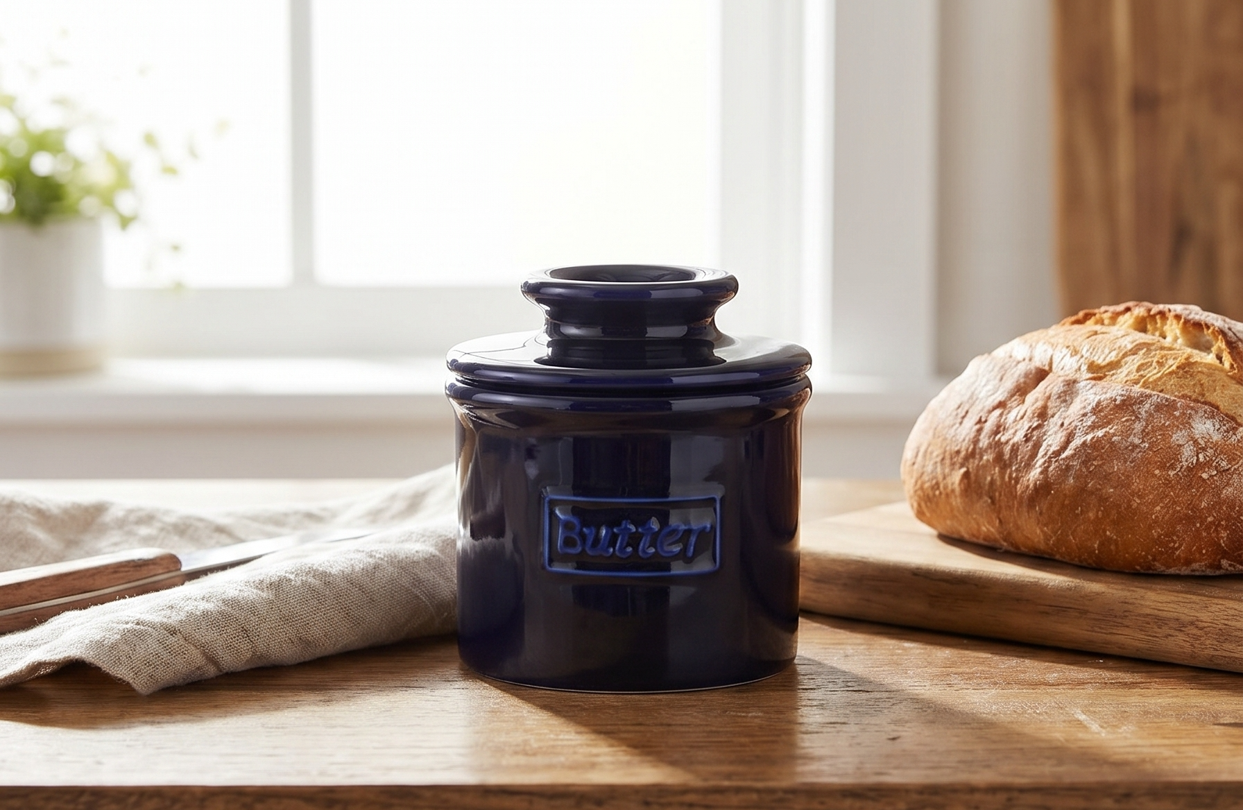 Butter Bell - The Original Butter Bell crock by L Tremain, a Countertop French Ceramic Butter Dish Keeper for Spreadable Butter, Café Retro Collection, Cobalt Blue, Glossy Finish