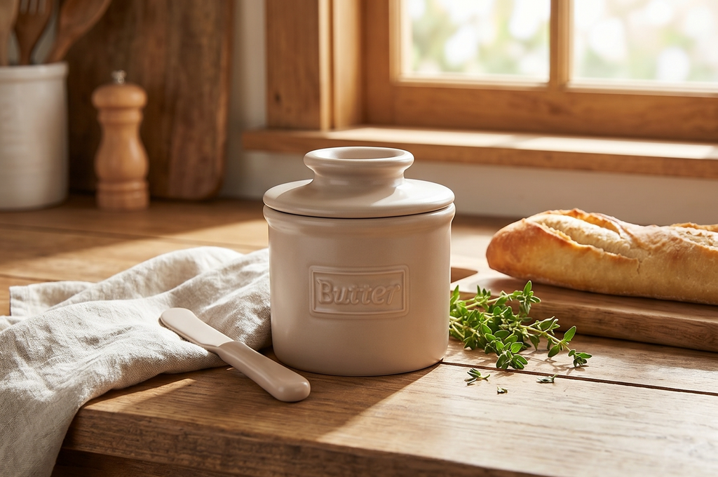 Butter Bell - The Original Butter Bell crock by L Tremain, a Countertop French Ceramic Butter Dish Keeper for Spreadable Butter, Café Matte Collection, Beige