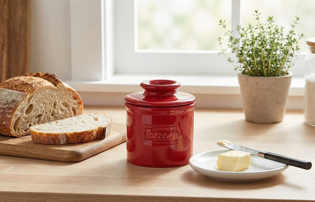 Butter Bell - The Original Butter Bell crock by L Tremain, a Countertop French Ceramic Butter Dish Keeper for Spreadable Butter, Café Retro Collection, Maraschino Red, Glossy Finish